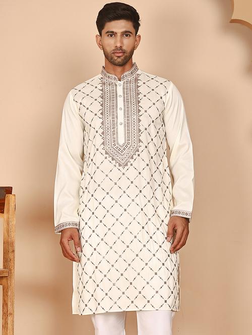 men embroidered mandarin neck long kurta - 21978498 - Very Small Image - 1