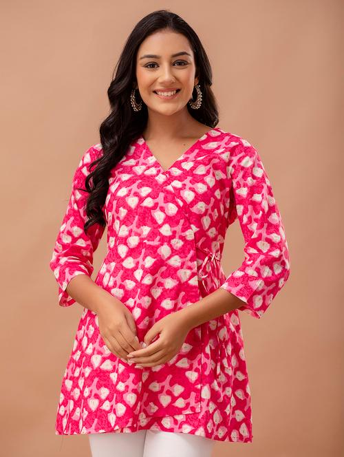 women printed three quarter sleeve angrakha kurti - 21978640 - Very Small Image - 1