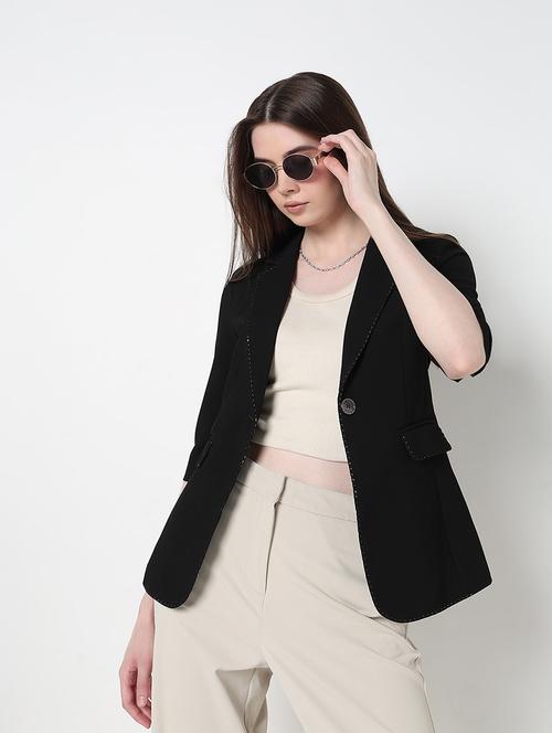 women solid three quarter sleeve single breasted blazer - 21979769 - Very Small Image - 1