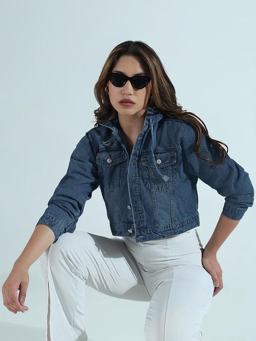 women solid long sleeve hooded crop denim jacket - 21979831 - Very Small Image - 1