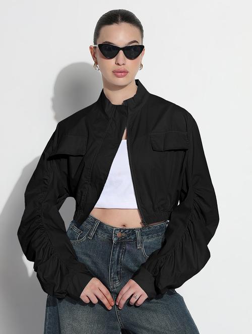 women solid long sleeve crop bomber jacket - 21979834 - Very Small Image - 1