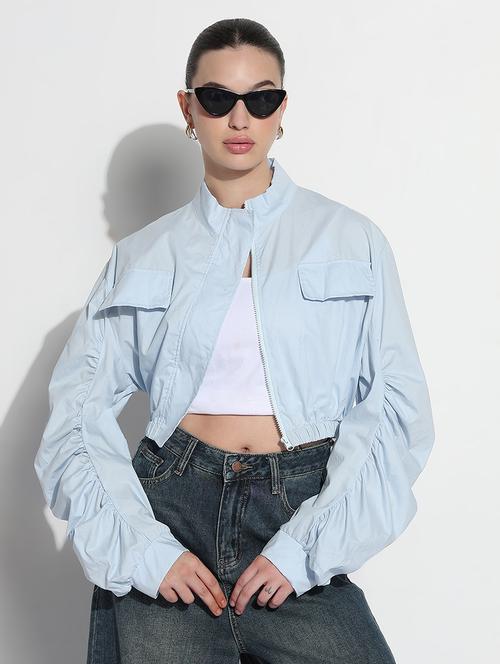 Women Solid Long Sleeve Crop Windcheater Jacket - 21979835 - Very Small Image - 1