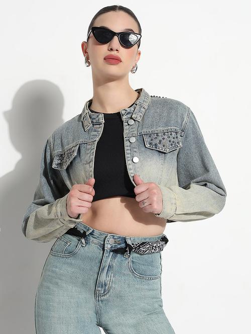 women ombre print long sleeve crop denim jacket - 21979842 - Very Small Image - 1