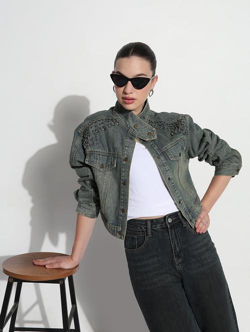 women embellished long sleeve crop denim jacket - 21979844 - Very Small Image - 1