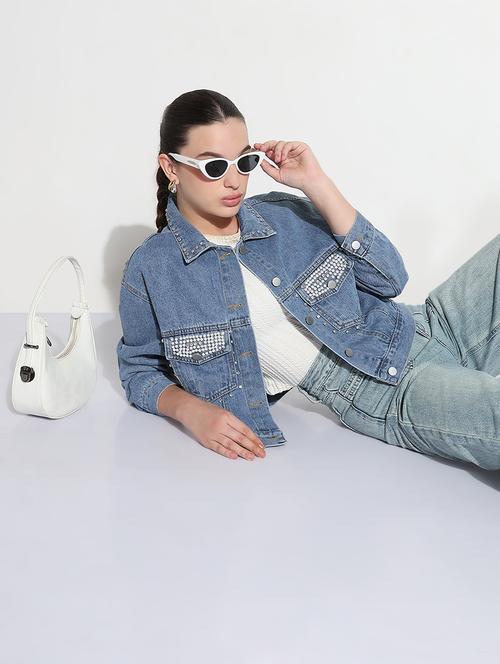 women embellished long sleeve crop denim jacket - 21979847 - Very Small Image - 1