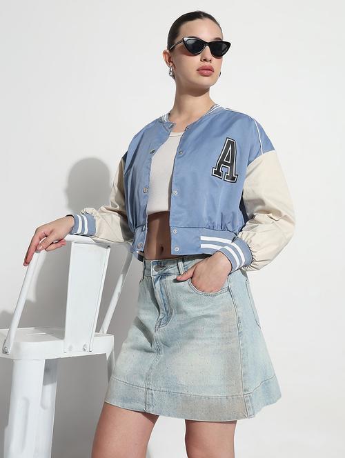 women color blocked long sleeve crop varsity jacket - 21979852 - Very Small Image - 1