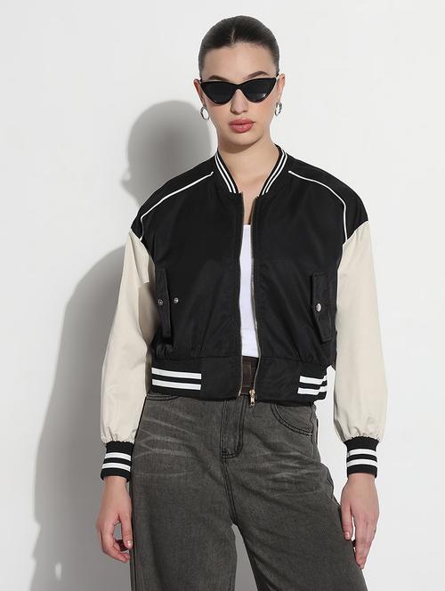 women color blocked long sleeve crop varsity jacket - 21979853 - Very Small Image - 1