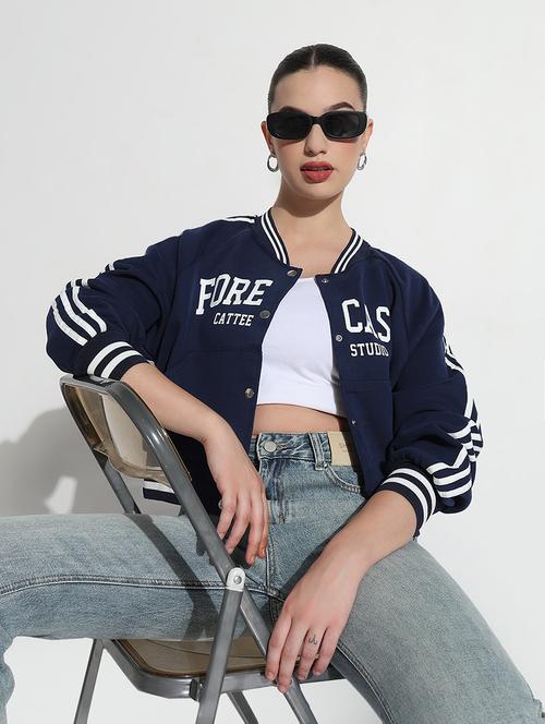 women typographic print long sleeve crop varsity jacket - 21979856 - Very Small Image - 1
