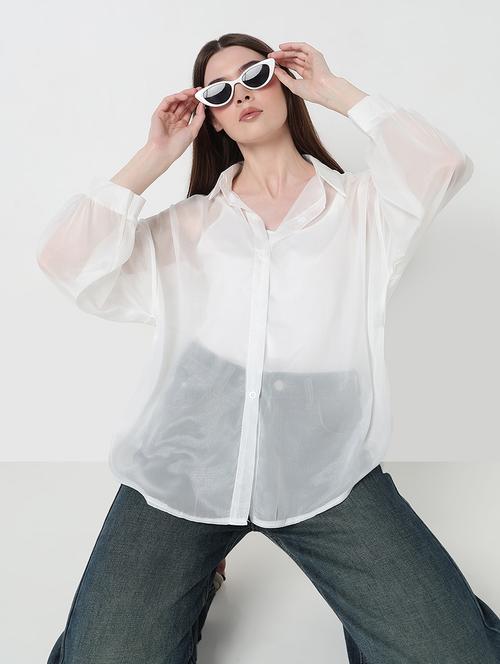 women solid long sleeve relaxed fit sheer shirt - 21979927 - Very Small Image - 1