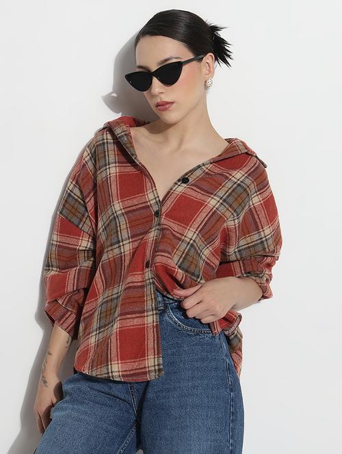 women checkered long sleeve collared oversized shirt - 21979941 - Very Small Image - 1