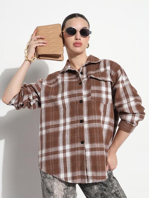 women checkered long sleeve collared oversized shirt - 21979945 - Very Small Image - 1