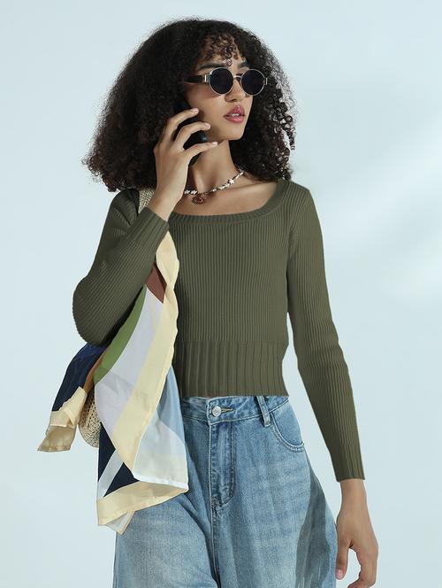 women olive solid long sleeve crop top - 21979962 - Very Small Image - 1