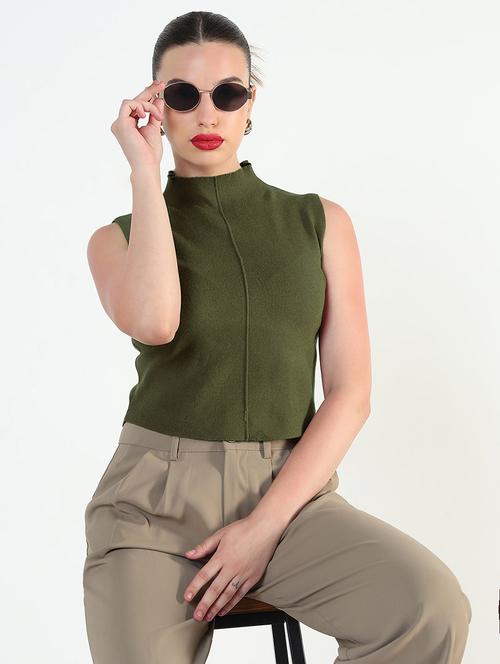 women olive solid sleeveless top - 21979973 - Very Small Image - 1