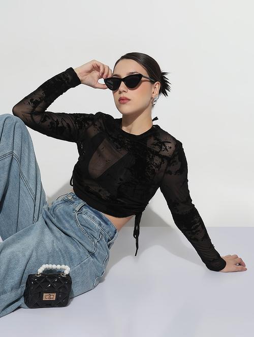 women self designed long sleeve crop sheer top - 21979979 - Very Small Image - 1