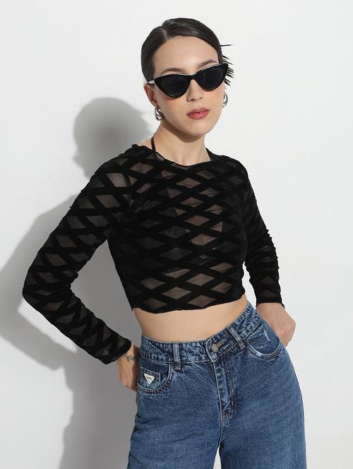 women self designed long sleeve crop sheer top - 21979980 - Very Small Image - 1