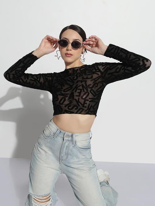 women self designed long sleeve crop sheer top - 21979981 - Very Small Image - 1