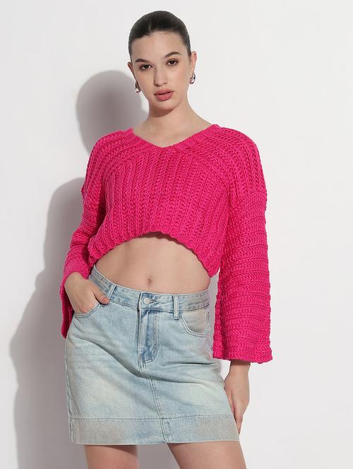 women pink solid long sleeve crop pullover - 21979990 - Very Small Image - 1