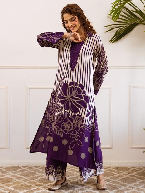 women printed long sleeve kurta palazzo set - 21980026 - Very Small Image - 1