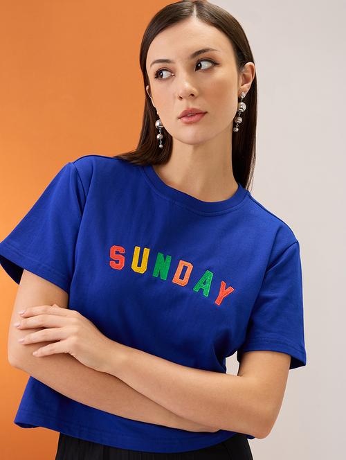 women blue embroidered typography round neck short sleeves boxy fit crop t-shirt - 21980188 - Very Small Image - 1