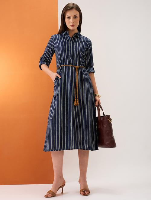 women indigo collared neck roll-up sleeves drawstring waist tie-up stripes midi a-line workwear dress - 21980209 - Very Small Image - 1