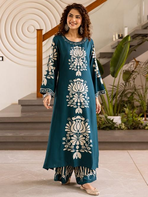 women printed long sleeve kurta palazzo set - 21980366 - Very Small Image - 1