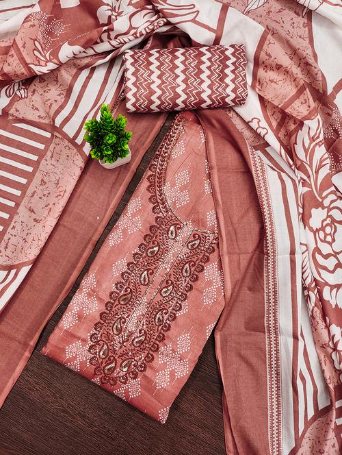 women printed with embroidery work unstitched suit set - 21981266 - Very Small Image - 1