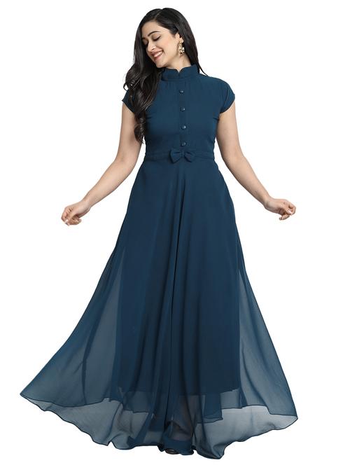 women solid mandarin neck fit & flare maxi dress - 21981941 - Very Small Image - 1