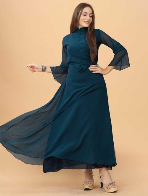 women solid mandarin neck fit & flare maxi dress - 21981981 - Very Small Image - 1