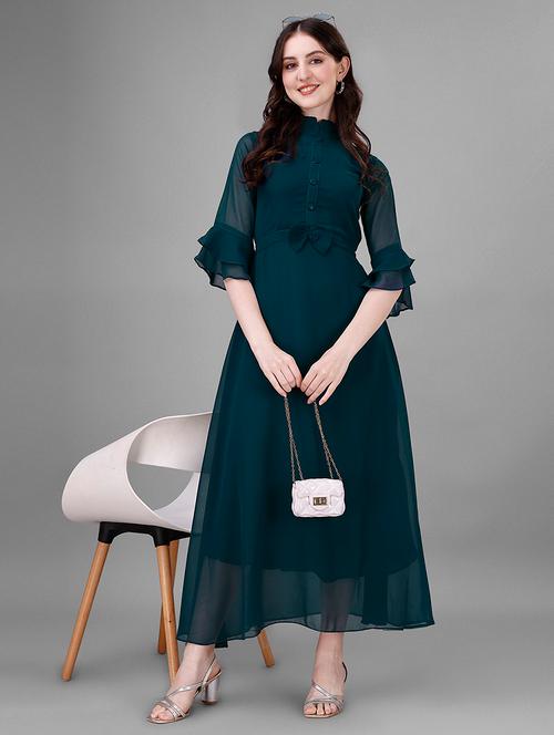 women solid mandarin neck fit & flare maxi dress - 21981985 - Very Small Image - 1