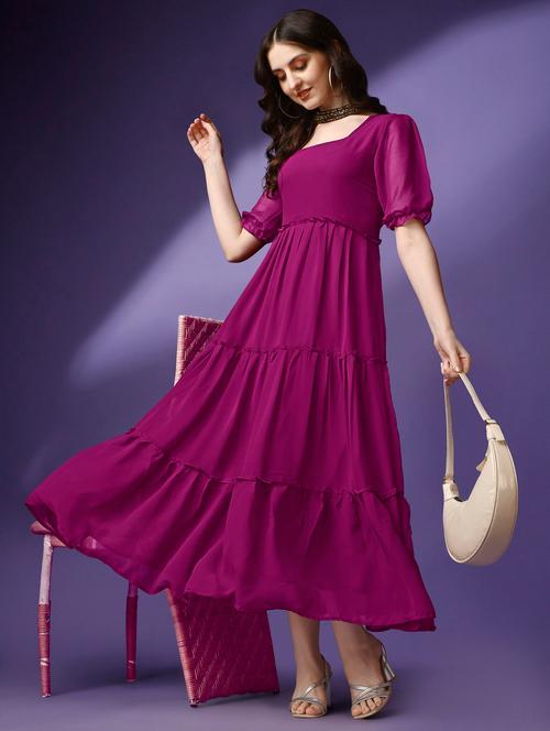 women solid puff sleeve tiered maxi dress - 21982038 - Very Small Image - 1