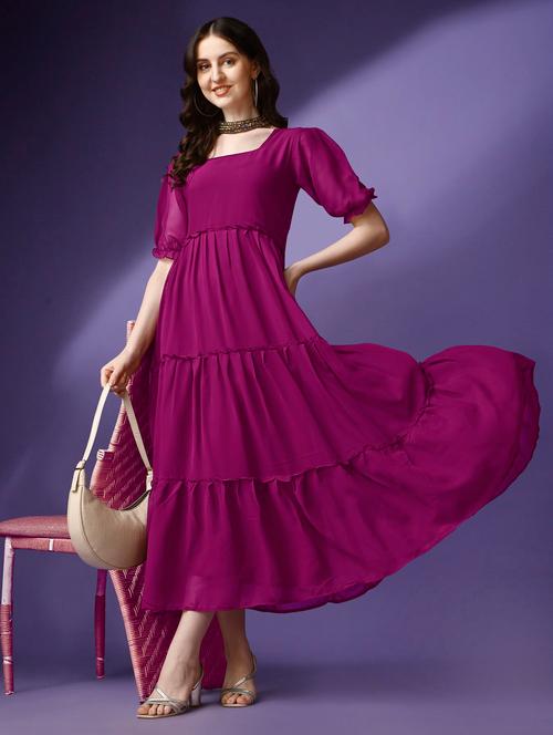 women solid puff sleeve tiered maxi dress - 21982041 - Very Small Image - 1