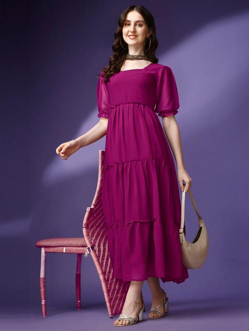 women solid puff sleeve tiered maxi dress - 21982044 - Very Small Image - 1