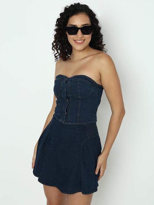 women solid denim tube top and skirt co-ord set - 21982972 - Very Small Image - 1