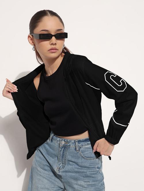 women black printed long sleeve hooded jacket - 21982999 - Very Small Image - 1