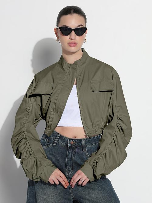 Women Olive Solid Long Sleeve Crop Jacket - 21983006 - Very Small Image - 1