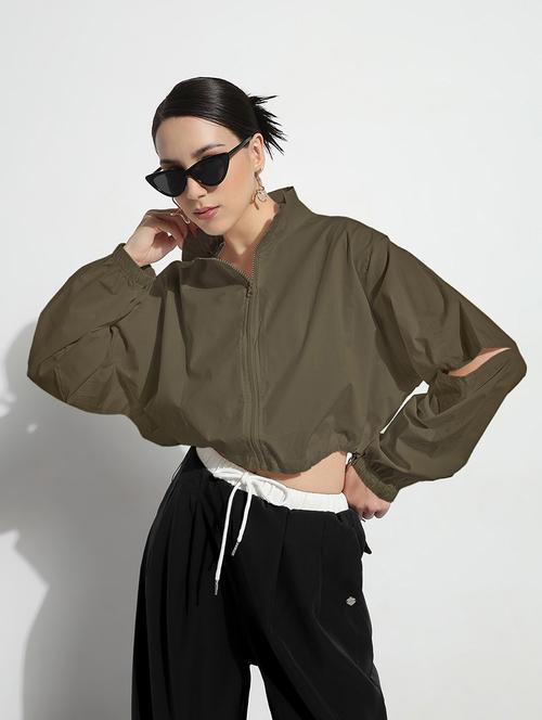 women solid long sleeve collared crop jacket - 21983007 - Very Small Image - 1