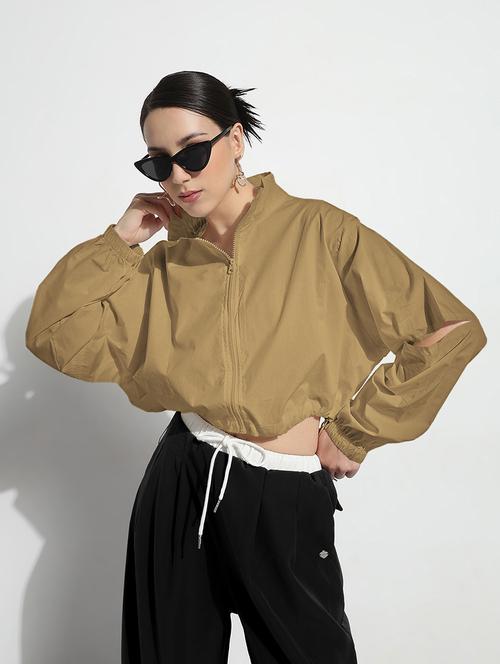 Women Solid Long Sleeve Stand Collar Crop Jacket - 21983008 - Very Small Image - 1