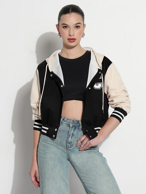 women color blocked hooded crop varsity jacket - 21983010 - Very Small Image - 1