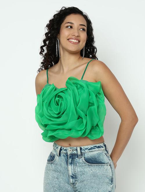 women green solid shoulder strap crop top - 21983020 - Very Small Image - 1