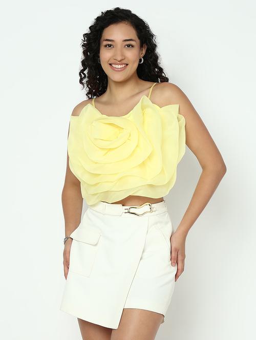 women yellow solid shoulder strap crop top - 21983022 - Very Small Image - 1