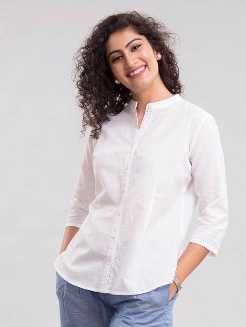 women white solid mandarin collar regular fit shirt - 21983454 - Very Small Image - 1