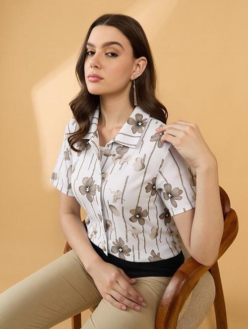 women printed collared short sleeve crop shirt - 21983458 - Very Small Image - 1