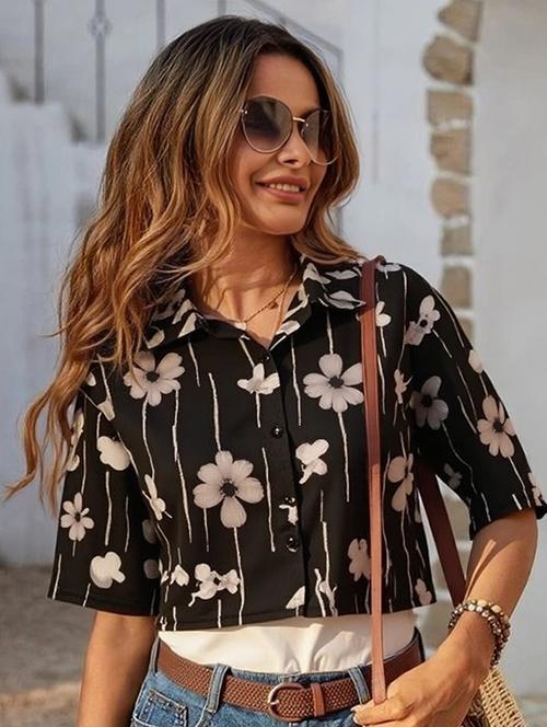 women printed collared short sleeve crop shirt - 21983461 - Very Small Image - 1