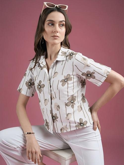 women printed collared short sleeve crop shirt - 21983462 - Very Small Image - 1