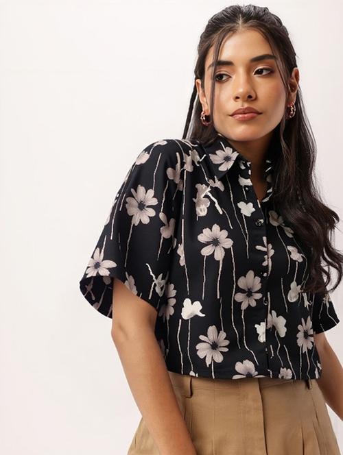 women printed collared short sleeve crop shirt - 21983463 - Very Small Image - 1