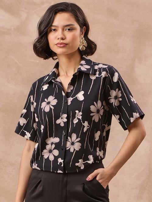women printed collared short sleeve crop shirt - 21983469 - Very Small Image - 1