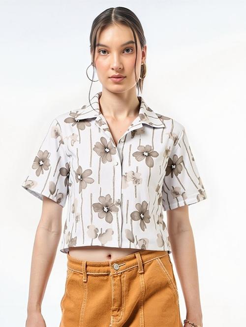 women printed collared short sleeve crop shirt - 21983470 - Very Small Image - 1