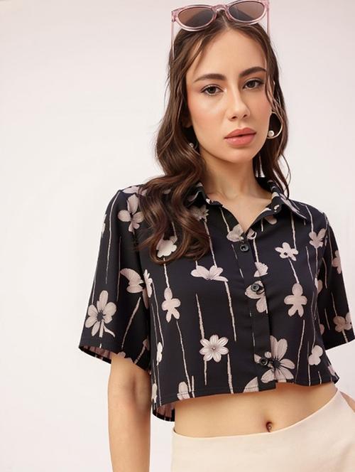 women printed collared short sleeve crop shirt - 21983473 - Very Small Image - 1