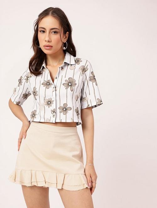 women printed collared short sleeve crop shirt - 21983478 - Very Small Image - 1