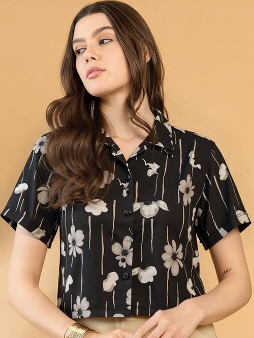 women printed collared short sleeve crop shirt - 21983479 - Very Small Image - 1